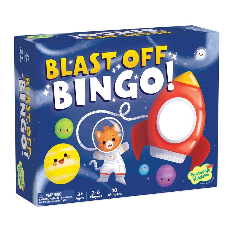 Peaceable Kingdom Blast-Off Bingo: Independent Bingo Game for Kids - Great for Single Players & Groups - 6 Double-Sided Playing Boards - Ages 3 & up - Image 1